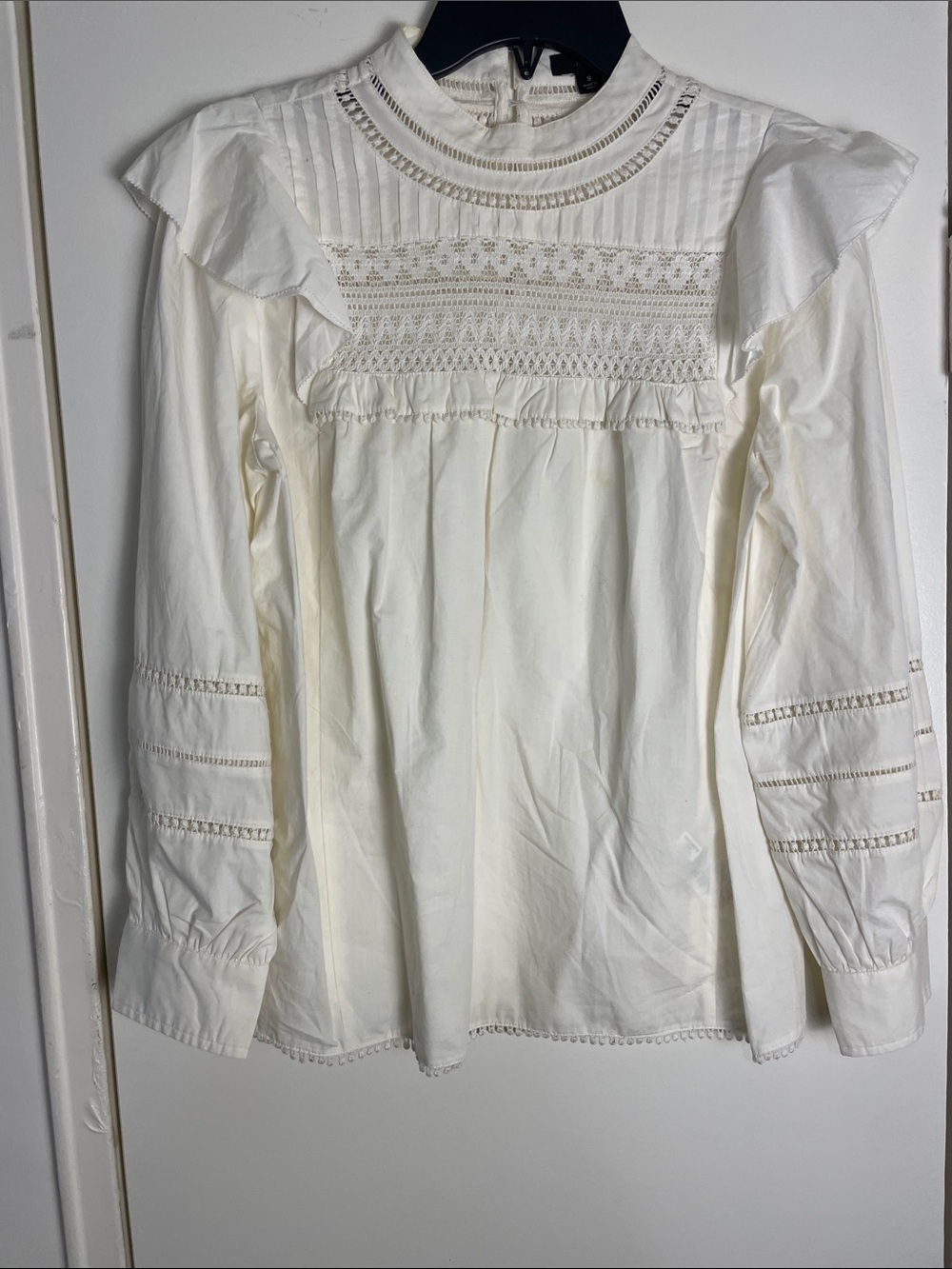 Women's White Lace-Trim Long Sleeve Blouse